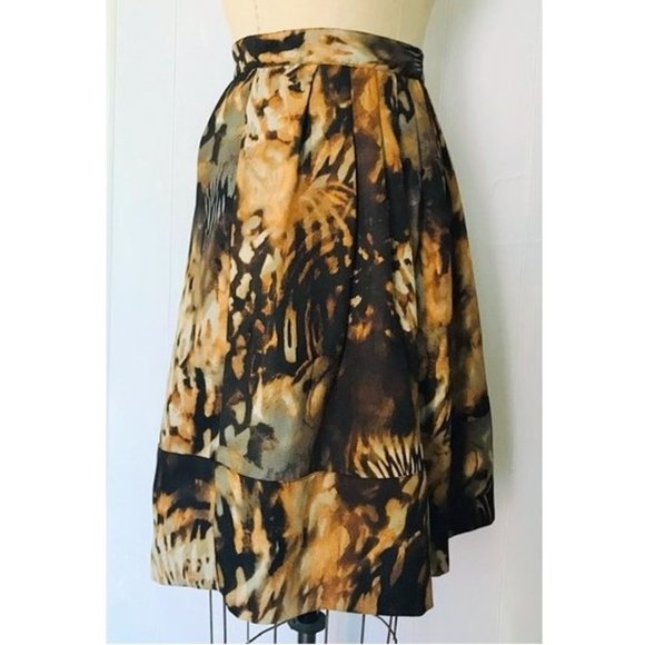 CHELSEA & THEODORE BROWN GRAY MUSTARD ABSTRACT WATERCOLOR FULL SKIRT 12 - Picture 3 of 8